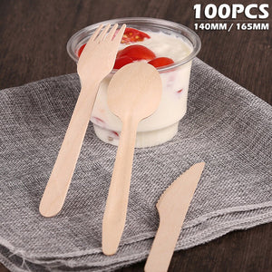 100pcs/pack Bamboo Wooden Cutlery Biodegradable Knives Forks Spoons Disposable Dinnerware Set Kitchen Dining Bar Tableware