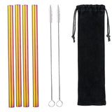 6PCS/Set Home Kitchen Drinking Straws Stainless Steel Reusable Dining Bar Straws Party Events Straws Velvet Bag Long Brushes