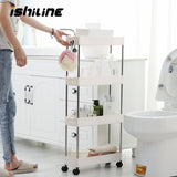 2/3/4 Layer Gap Kitchen Storage Rack Slim Slide Tower Movable Assemble Plastic Bathroom Shelf Wheels Space Saving Organizer